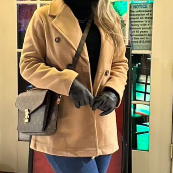 Classic Beige Solid Double Breasted Minimalist Pea Coat Jacket - Picture 10 of 13